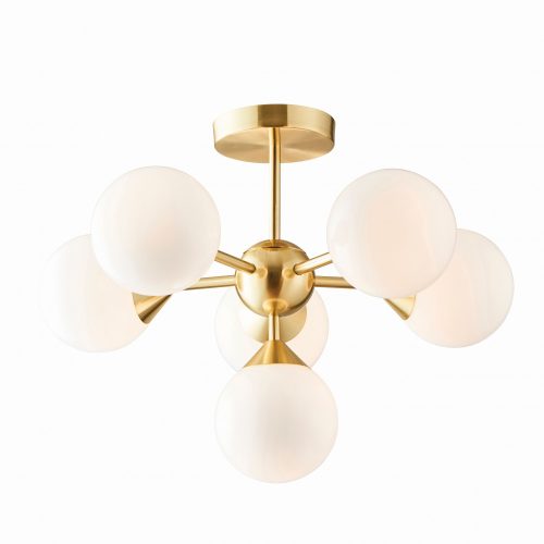 ENDON Oscar Oscar 6lt Semi flush Satin brass plate & gloss white glass 6 x 18W G9 clear capsule - ED-76501