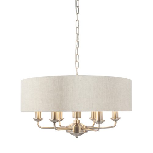 ENDON Highclere Highclere 6lt Pendant Brushed chrome plate & natural linen 6 x 40W E14 candle - ED-94357