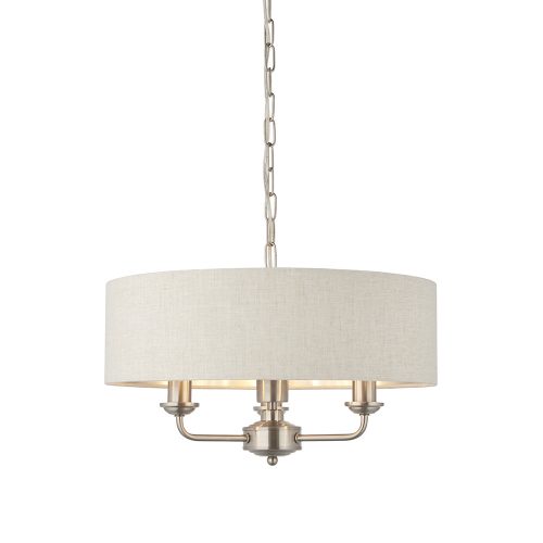 ENDON Highclere Highclere 3lt Pendant Brushed chrome plate & natural linen 3 x 40W E14 candle - ED-94361