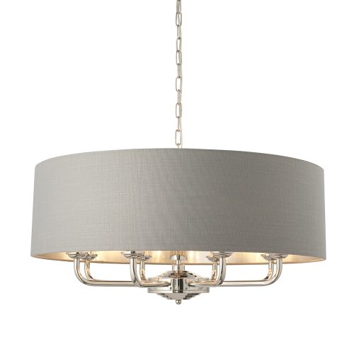 ENDON Highclere 8lt Pendant Bright nickel plate & charcoal fabric 8 x 40W E14 candle - ED-94415