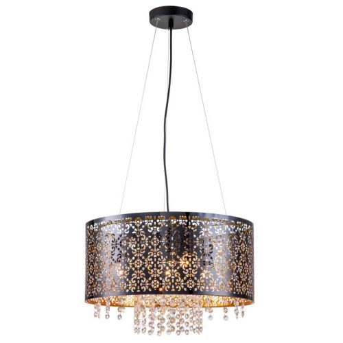 REALITY Hissa 4lt pendant,satin nickel+silver PS shade/black+black&gold PS shade(laser pattern)2rings of hanging beadsD:450*H200mm 4-E27 40W bulb not incl.