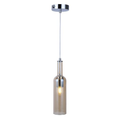 REALITY Bottle Glass pendant lamp chrome canopy+clear cable, shade amber/smoky, for 1xE27,max.40W bulb not incl. glass shade D:8.5cm,H:33.5cm H:max.120cm - REAL-332801-22