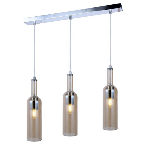 REALITY Bottle Glass pendant lamp chrome, shade amber, for 3xE27,max.40W bulb not incl. shade D:8.5cm,H:33.5cm ,D:57cm H:max.120cmlamps at same length